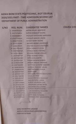 Akwa Ibom Polytechnic 2nd batch ND part-time admission list, 2020/2021