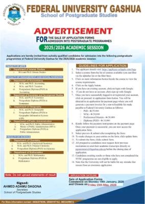 FUGASHUA postgraduate admissions for 2025/2026 session