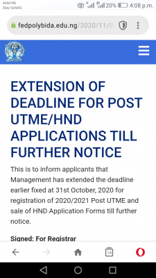 BIDA POLY extends Post-UTME and HND applications for 2020/2021 session