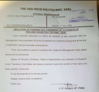 TOPS notice to students o abolition of passing out ceremony