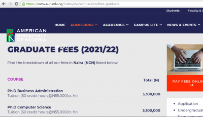 AUN undergraduate and post graduate fees, 2021/2022
