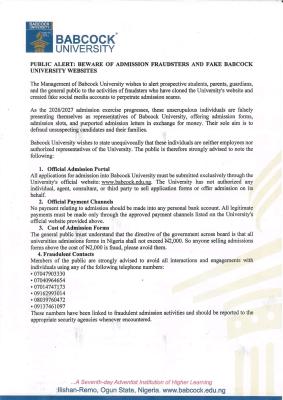 Babcock University warns against Admission Fraudsters
