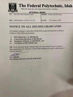 Fed Poly, Idah notice to all 2021/2022 graduands