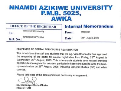 UNIZIK reopens portal for course registration m