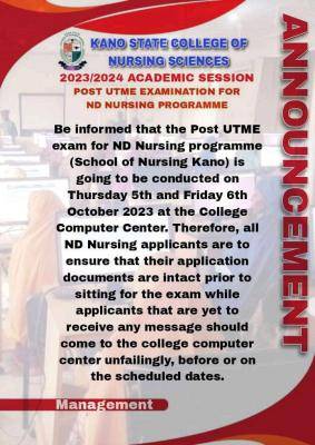 Kano State College of Nursing Sciences Post UTME exam for ND Nursing, 2023/2024