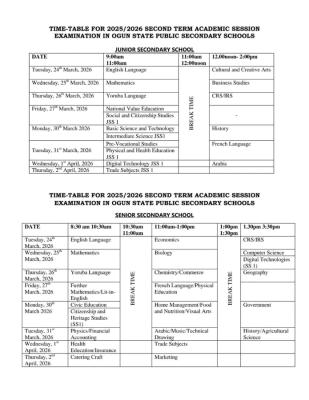 Ogun State Public Secondary Schools 2nd semester exam time table, 2025/2026