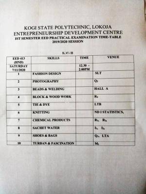 Kogi Poly EED First Semester Examination Timetable For 2019/2020 Session