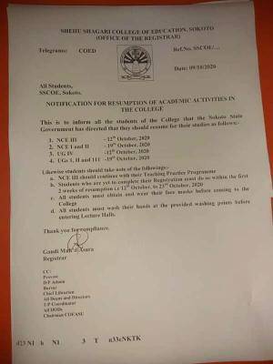 Shehu Shagari College of education sokoto announces resumption date