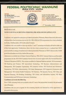 Federal Poly Wannune announces screening date for ND, PRE-HND & HND applicants, 2025/2026