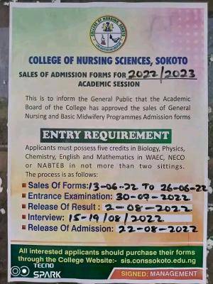 College of Nursing Sciences Sokoto admission form, 2022/2023