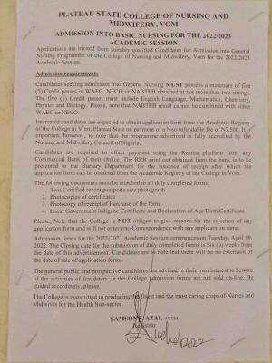 Plateau State College of Nursing and Midwifery admission form, 2022/2023