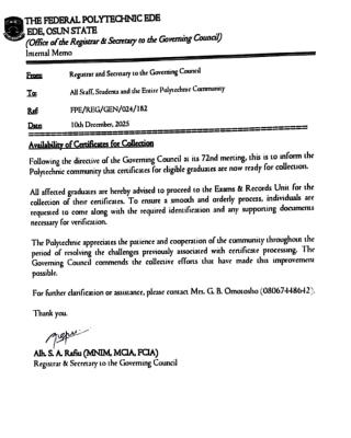 Federal Polytechnic Ede announces availability of certificate for graduates