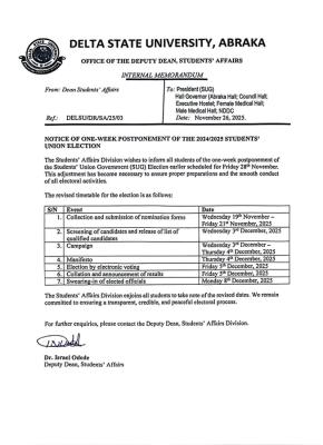 DELSU announces one week postponement of 2024/2025 SUG election