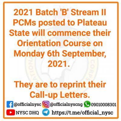 NYSC notice to corps members posted to Plateau State