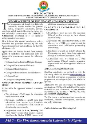 JABU Post-UTME/DE 2026: Cut-off mark, Eligibility and Registration Details
