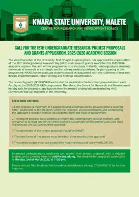 KWASU invites applications for 15th undergraduate Research Day grants