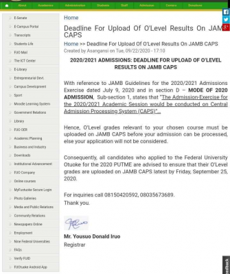 FUOtuoke announces deadline for upload of O'level results on JAMB CAPS