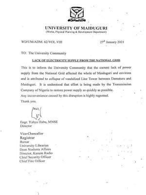 UNIMAID notice to the university on disruption of electricity