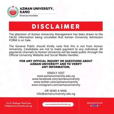 Azman University Kano disclaimer notice on sale of admission form