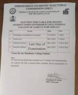 FCA Ishiagu SUG elections timetable, 2022/2023