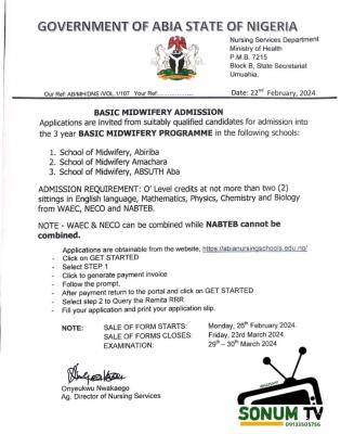 Abia State Government announces Basic Midwifery admission form