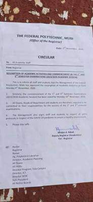 Federal Polytechnic Mubi announces commencement of academic activities