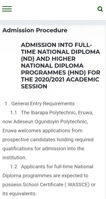 The Ibarapa Polytechnic, Eruwa ND/HND admission for 2020/2021 session