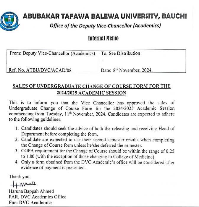 ATBU Undergraduate Change Of Course Form, 2024/2025