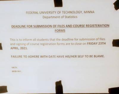 FUTMinna department of statistics notice on registration deadline for 2019/2020 session