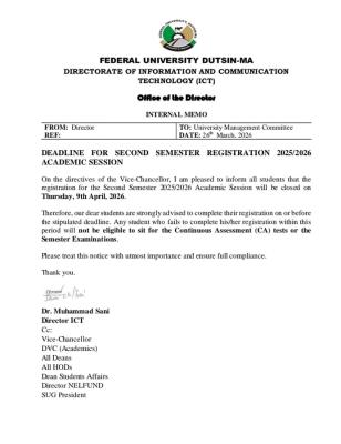FUDutsinma deadline 2nd semester registration, 2025/2026
