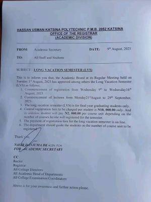HUKPOLY Long Vacation semester (LVS) registration commences