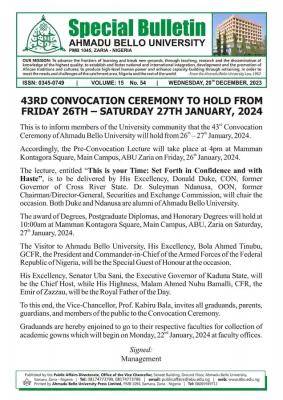 ABU 43rd Convocation Ceremony holds Friday 26th - Saturday 27th January, 2024