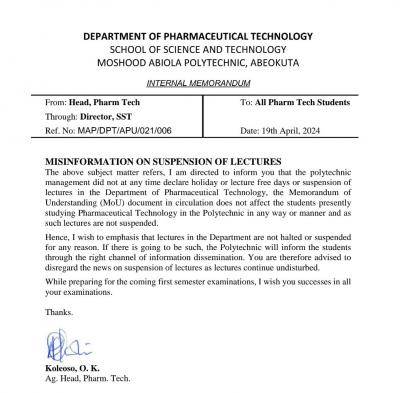 MAPOLY notice to Pharmaceutical Tech. students on misinformation regarding suspended Lectures