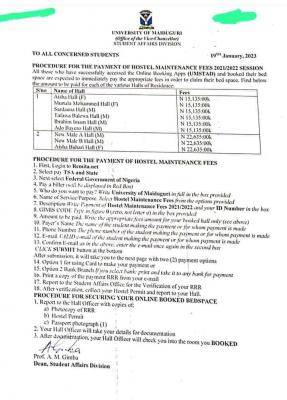 UNIMAID procedure for payment of hostel maintenance fees, 2021/2022