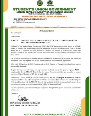 MOUAU SUG announces resumption of Tricycle on Campus, Introduces free Transportation Initiative