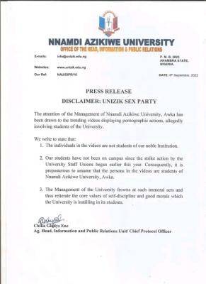 UNIZIK disclaimer notice on inappropriate party by purported students of the university
