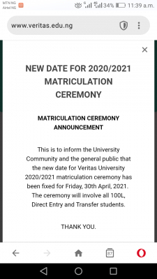 Veritas University issues new date for 2020/2021 matriculation ceremony