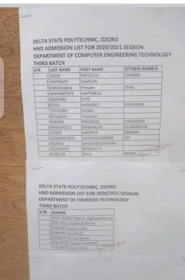 Delta State Poly, Ozoro HND 3rd batch admission list, 2020/2021