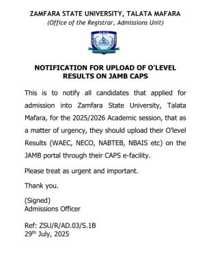 ZAMSU notice to prospective students on upload of O'Level results on JAMB CAPS, 2025/2026
