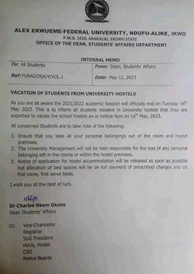FUNAI notice on vacation of students from university hostels