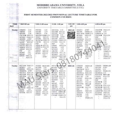 MAUTECH 1st semester Provisional lecture timetable, 2022/2023