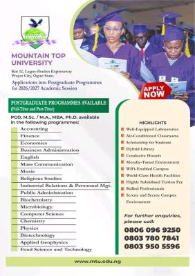 Mountain Top University Postgraduate Admission form, 2026/2027