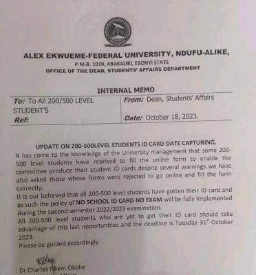 AE FUNAI notice to 200-500 level students on ID card date capturing