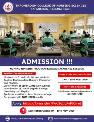 Throneroom College of Nursing Sciences, Kafanchan ND/HND Nursing Admission form, 2026/2027