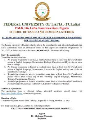 FULAFIA admission application for pre-degre & remedial programme, 2021/2022 session