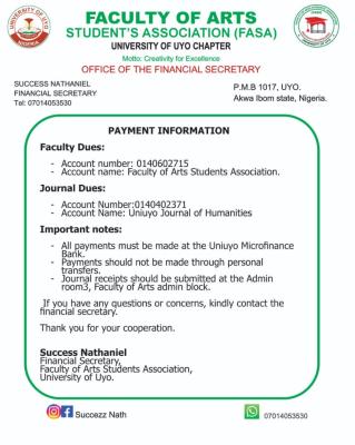 UNIUYO Faculty of Arts Payment Information for Faculty and Journal Dues