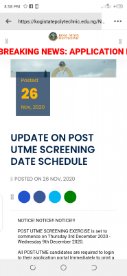 Kogi State Polytechnic (KSP) announces 2020 Post-UTME screening date