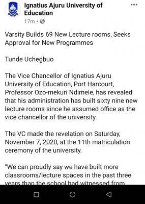 My administration has built 69 new lecture rooms - IAUE Vice Chancellor