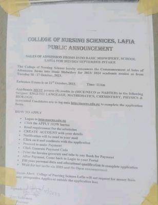 College of Nursing Sciences, Lafia admission into Basic Midwifery, September intake - 2023