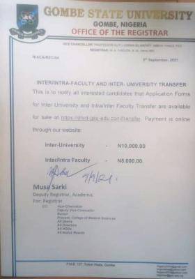 GOMSU sales of Inter/intra faculty & inter university transfer form